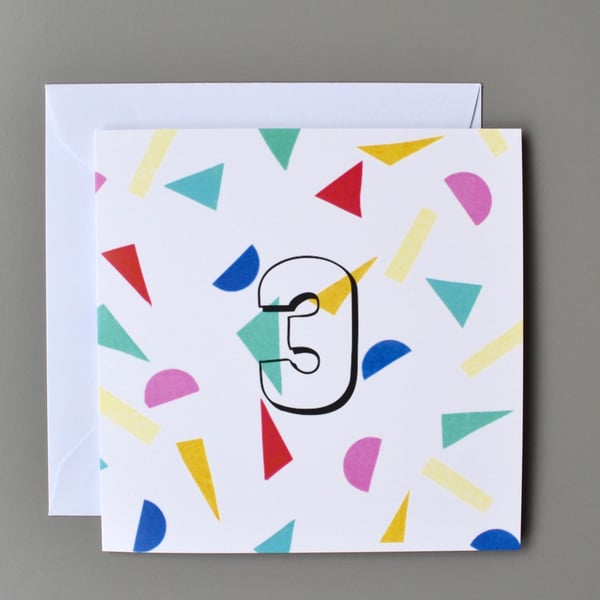 3rd Birthday Card, Age Three, Third Birthday Card, 3, Confetti Card, Unisex Card