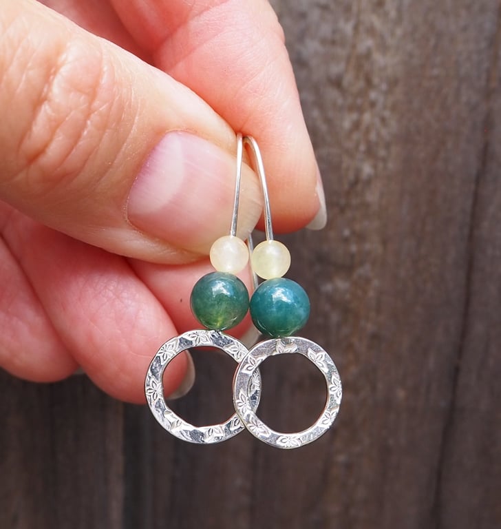 Hoops, Sterling silver dangle hoop earring, lemon jade and green moss agate hoop