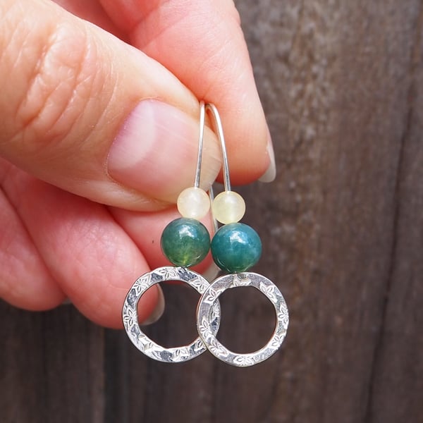 Hoops, Sterling silver dangle hoop earring, lemon jade and green moss agate hoop