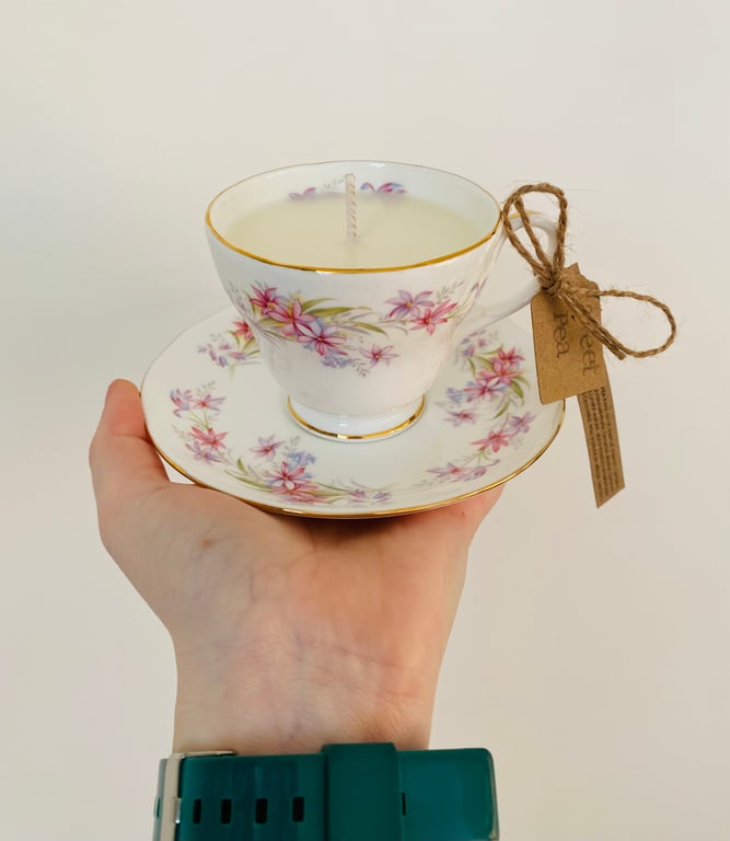 Sweet Pea Tea Cup Candle with Saucer