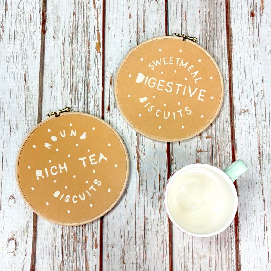 Giant Rich Tea & Digestive Biscuit hoop art. 7" embroidery frame wall art