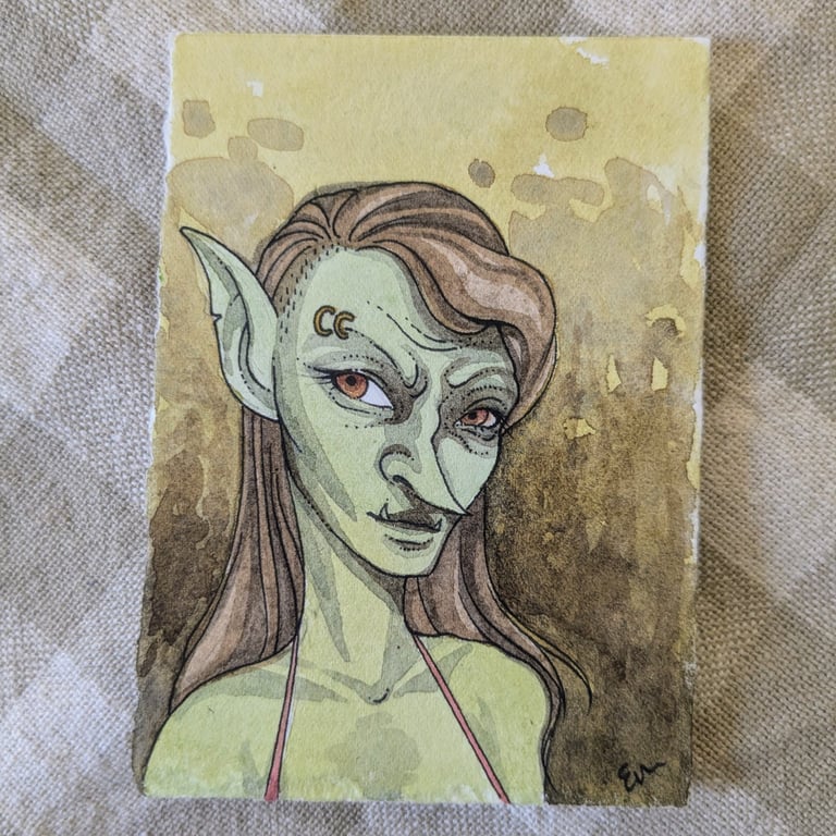 Goblin Lady Portrait Ink & Watercolour Original Illustration
