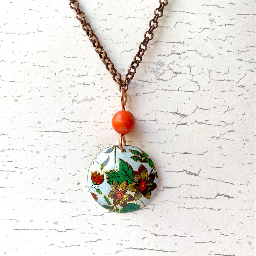 Vintage tin orange brown floral domed circle pendant necklace