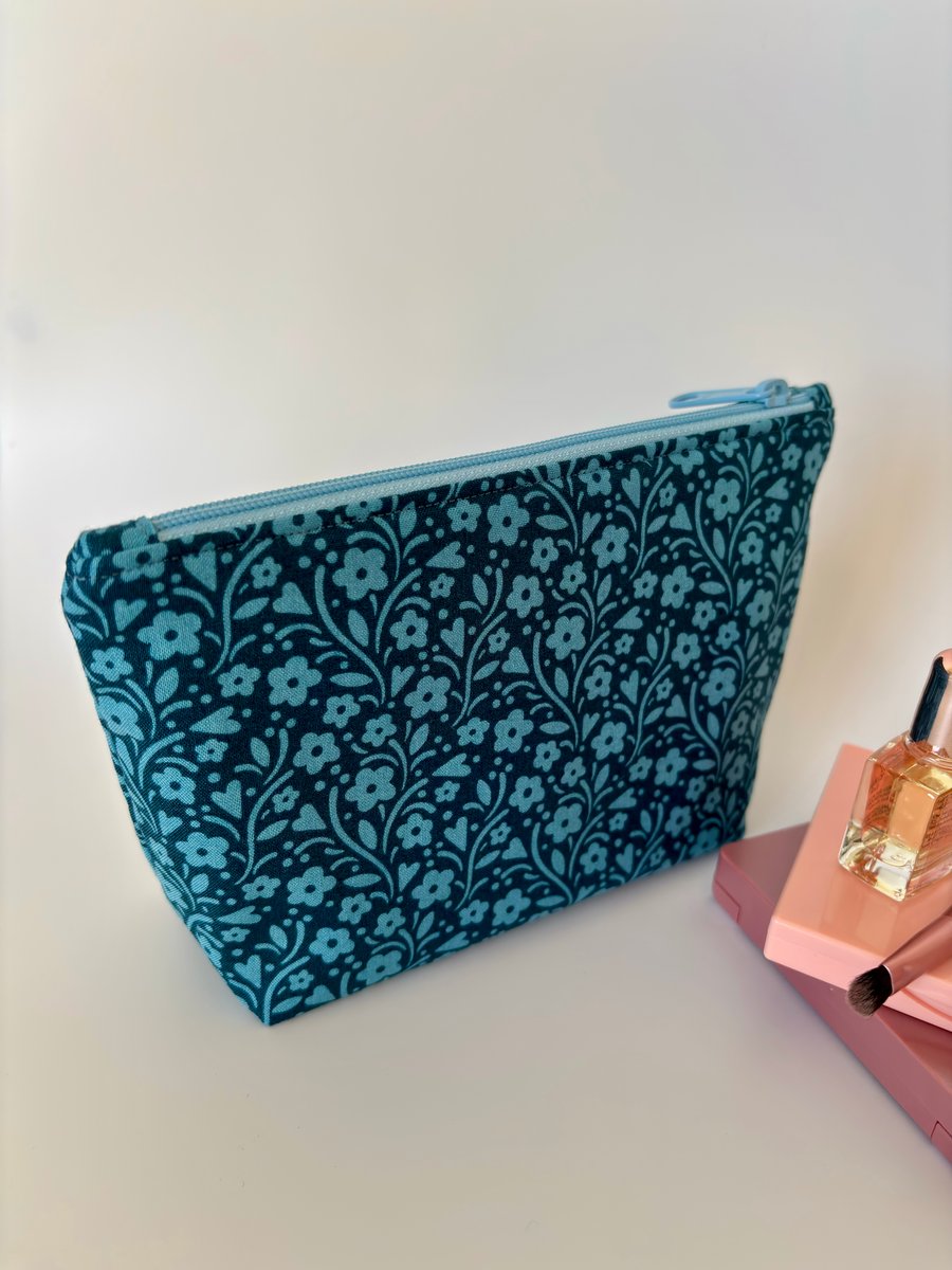 Make up bag, small toiletry bag, water resistant lining, in blue floral design