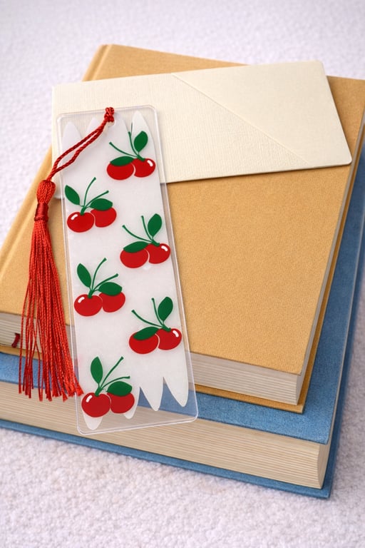 Cherry Acrylic Bookmark – Red Vinyl Cherries, Scalloped Edge & Tassel