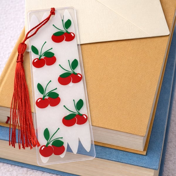 Cherry Acrylic Bookmark – Red Vinyl Cherries, Scalloped Edge & Tassel