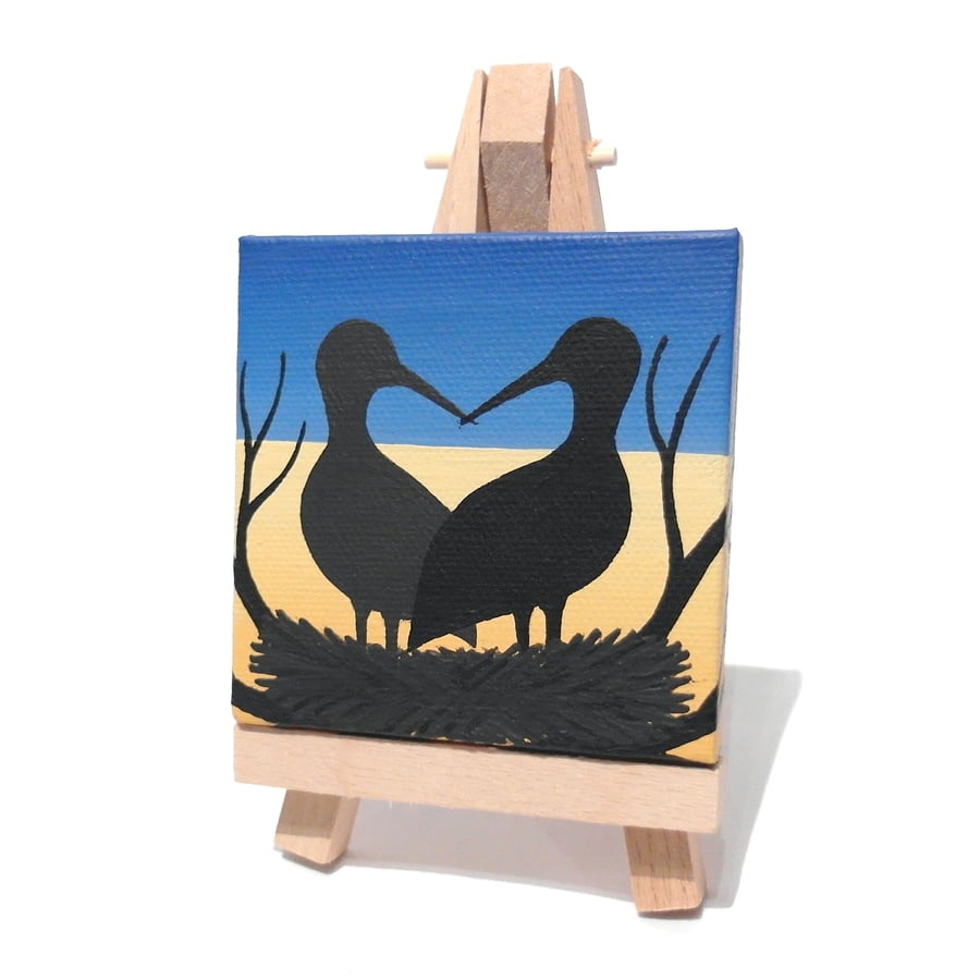 Love Ukraine, Storks of Peace Miniature Art - blue and yellow mini canvas