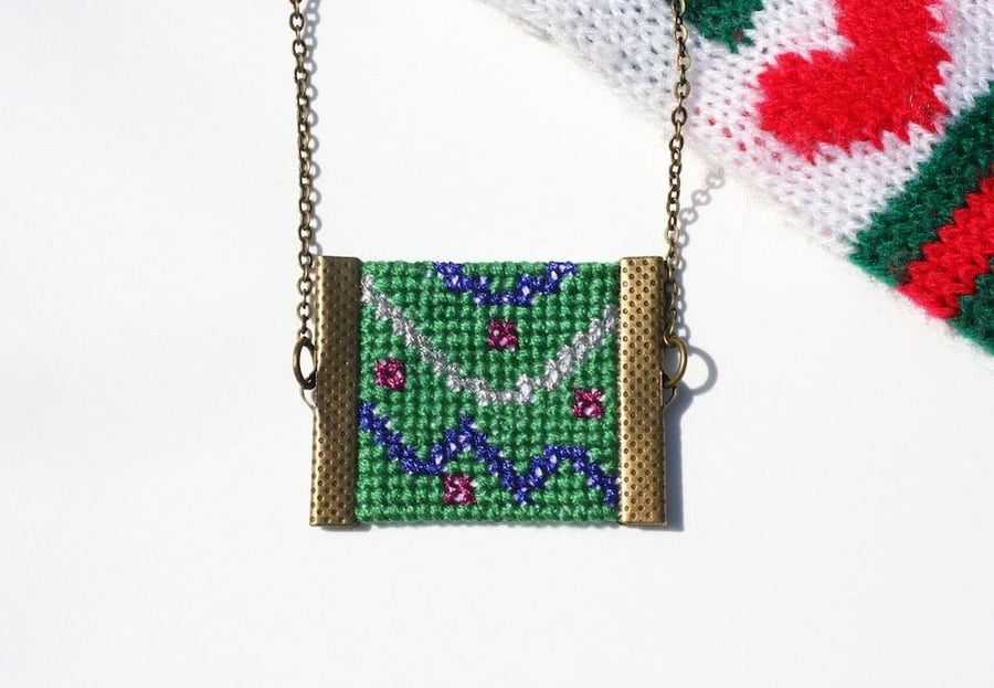 Christmas Tree Tinsel Cross Stitch Hand Embroidered Necklace Seconds Sunday