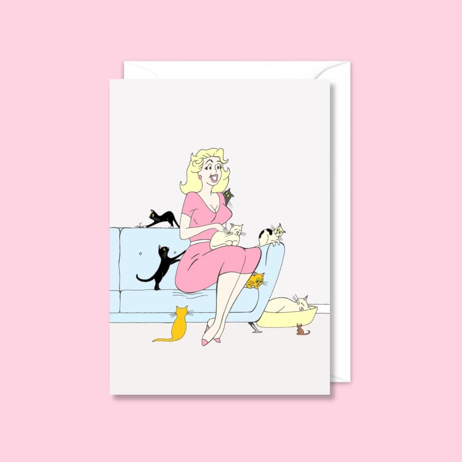 Crazy Cat Lady Greeting Card: Hand Drawn Vintage Style Illustration (106)