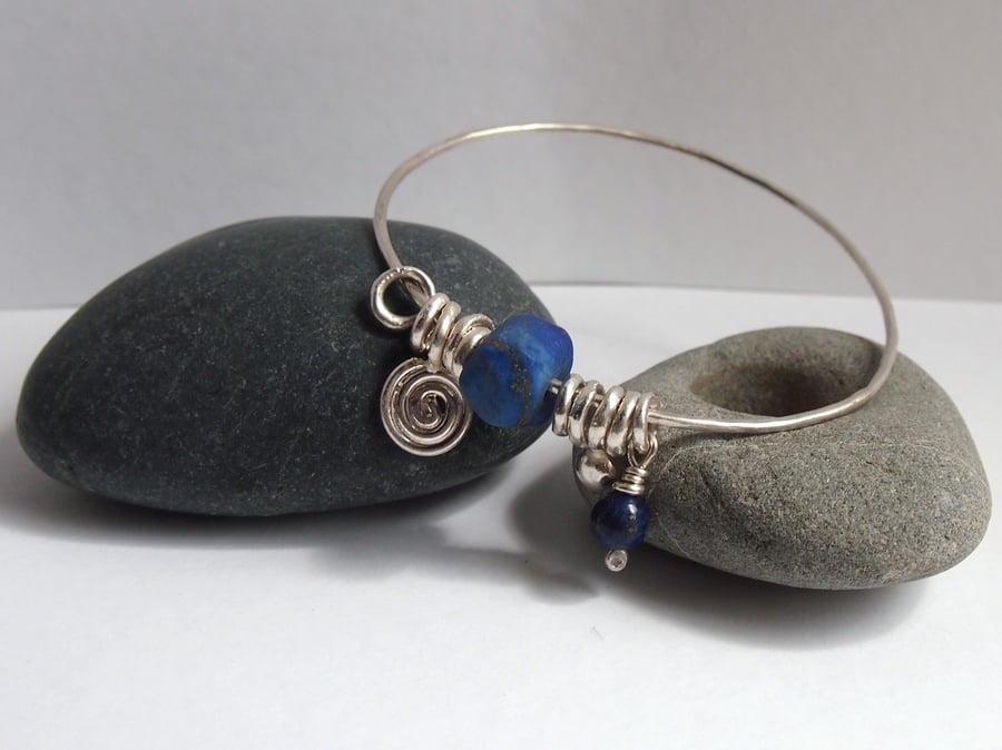  Lapis Lazuli Nugget Sterling Silver Bangle with Hand Made Charms