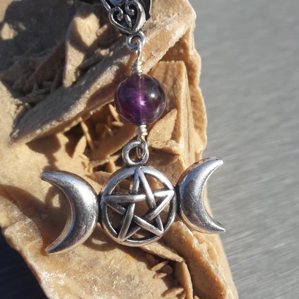 Amethyst, Triple Moon and Pentacle Pendant on Leather Cord Necklace