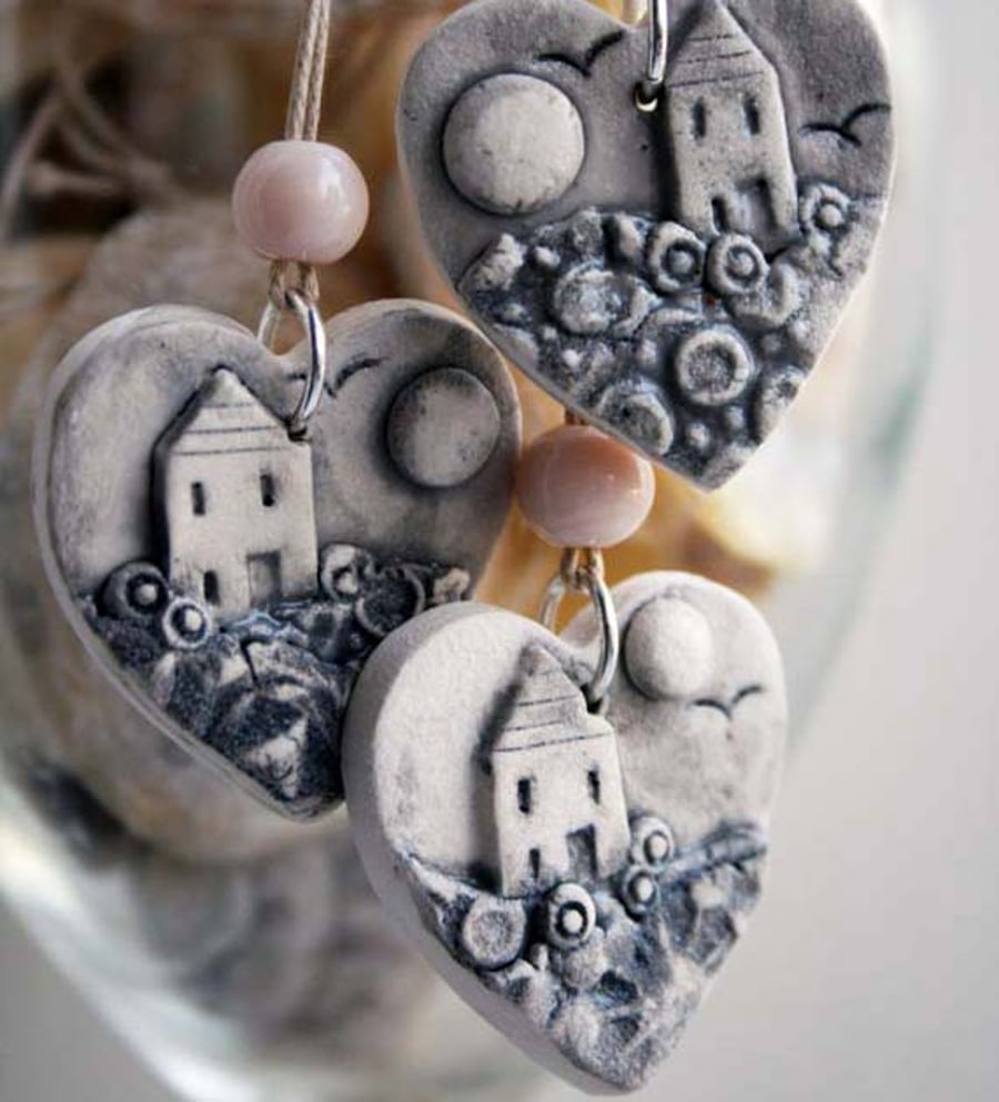 Handmade ceramic pendant- home is where the heart is-sea mist series
