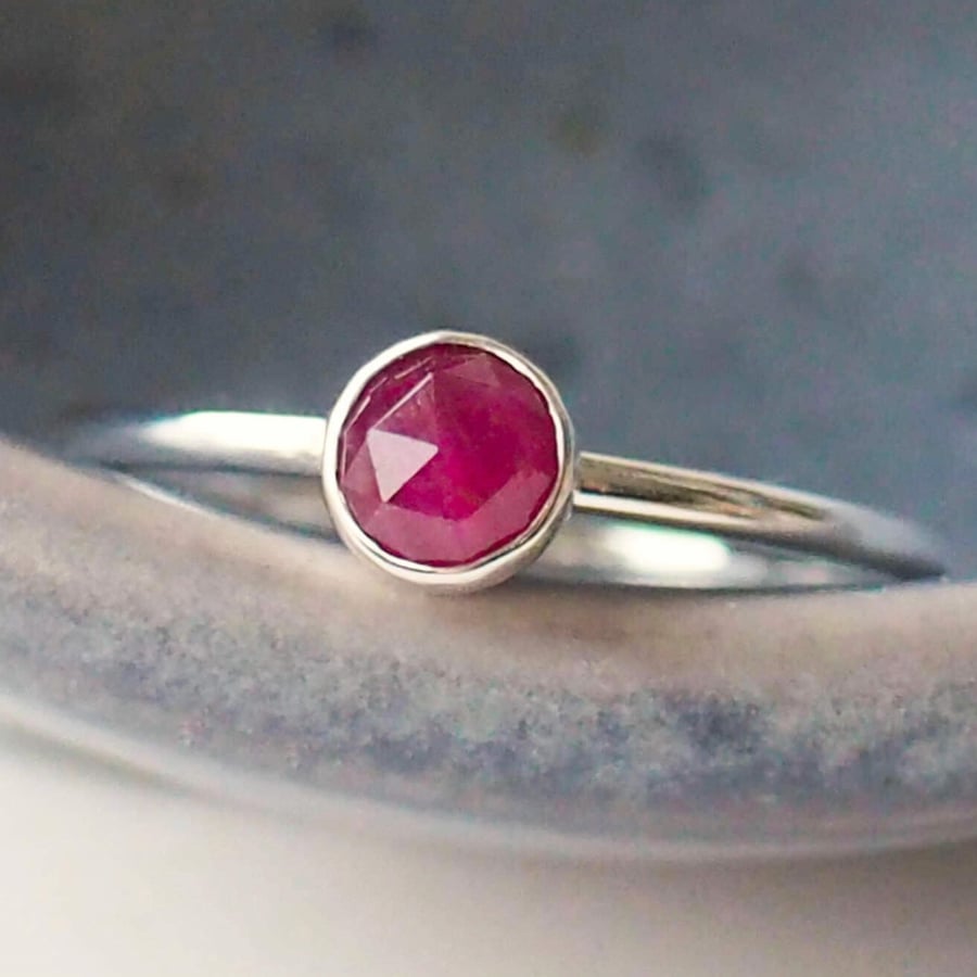 Ruby Silver Birthstone Ring Stacking Style