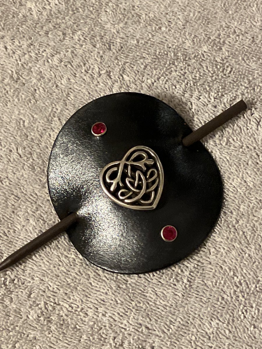 Dyed Black Leather Hair Stick Barrette - Circle Shaped Leather - Celtic Heart 