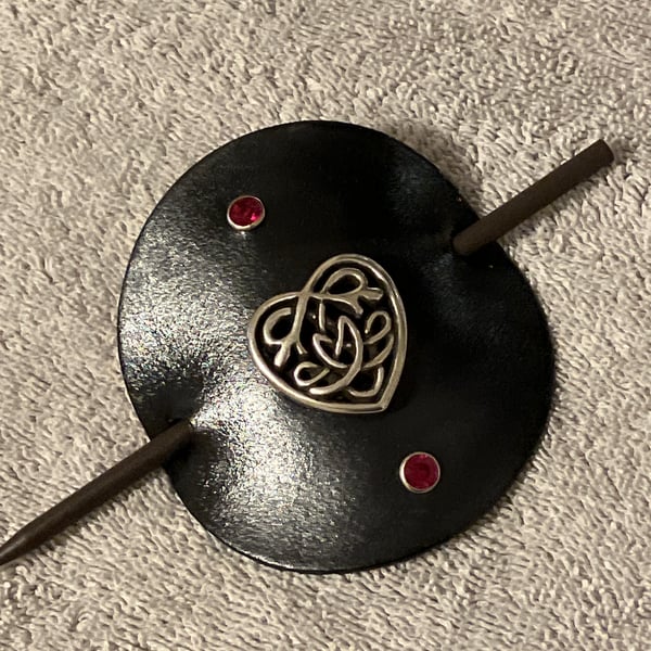 Dyed Black Leather Hair Stick Barrette - Circle Shaped Leather - Celtic Heart 
