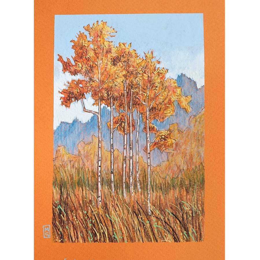 Autumn landscape with blue sky original drawing, small wall art