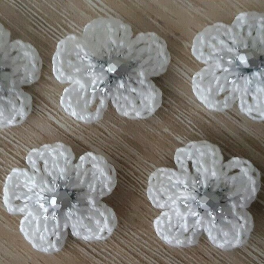 White & Silver Crochet Flowers - Appliques - Sewing 