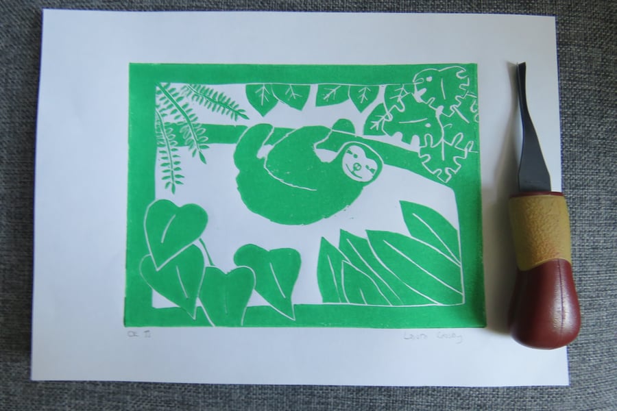 Green Sloth hanging about in rainforest. An original A4 lino print (OE11)
