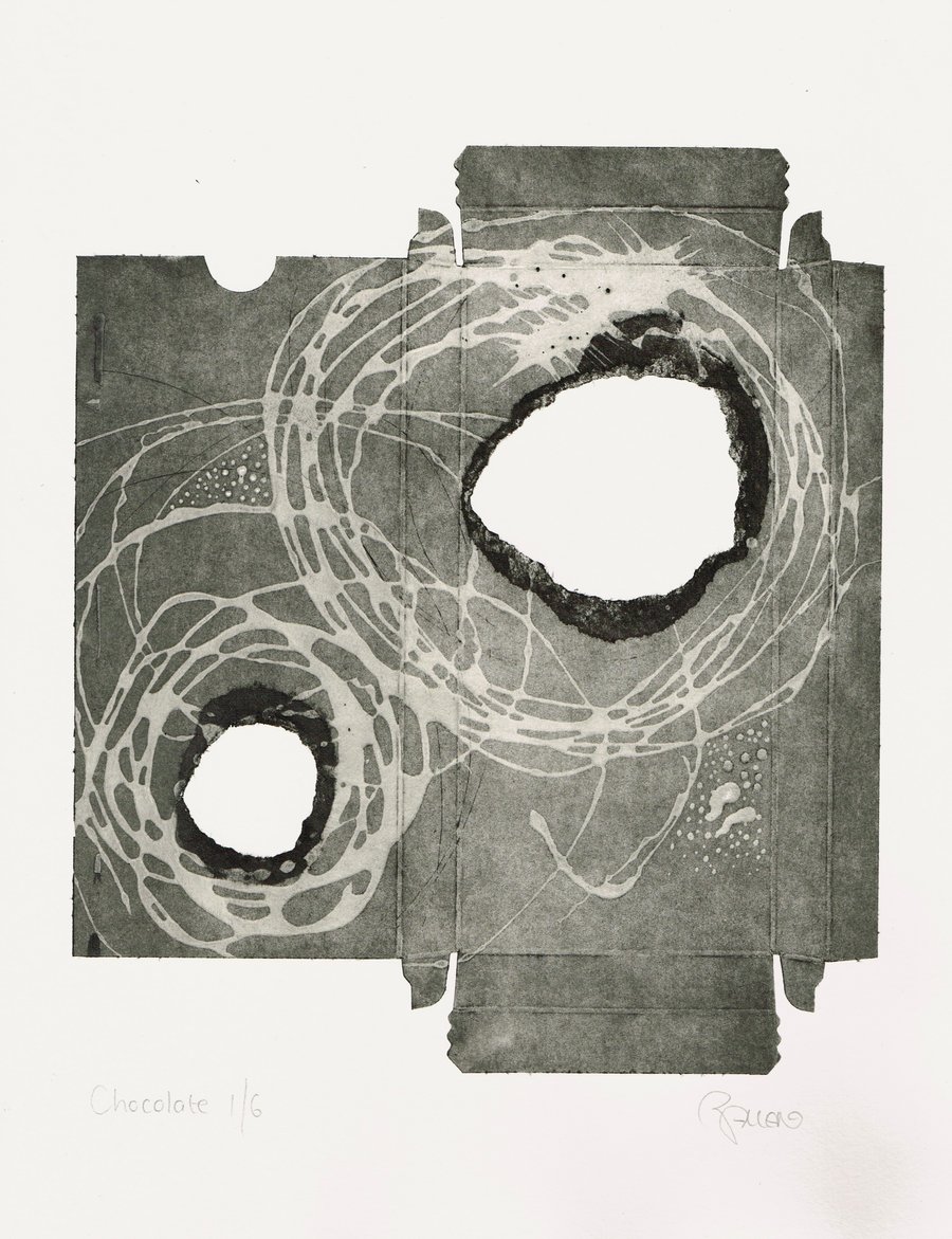 Recycled tetra pak Chocolate abstract collagraph hand printed print