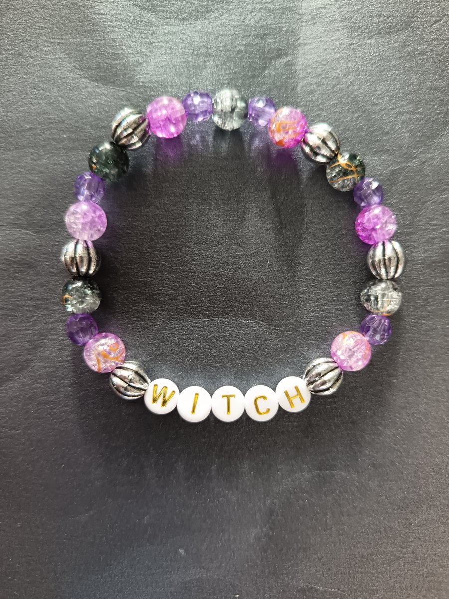 Elasticated witch lettered and beaded bracelet