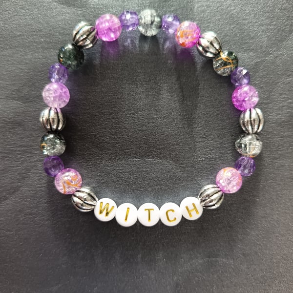 Elasticated witch lettered and beaded bracelet