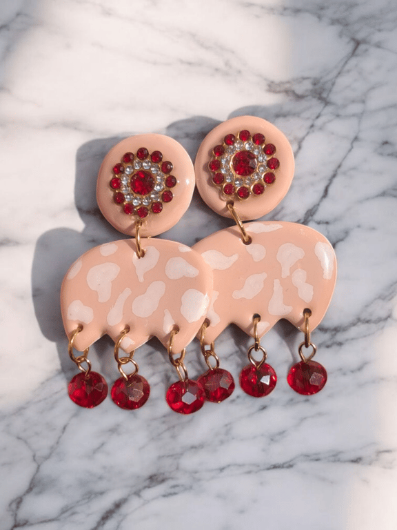 Hand painted Tribal pattern, polymer clay Earrings with red crystal beads