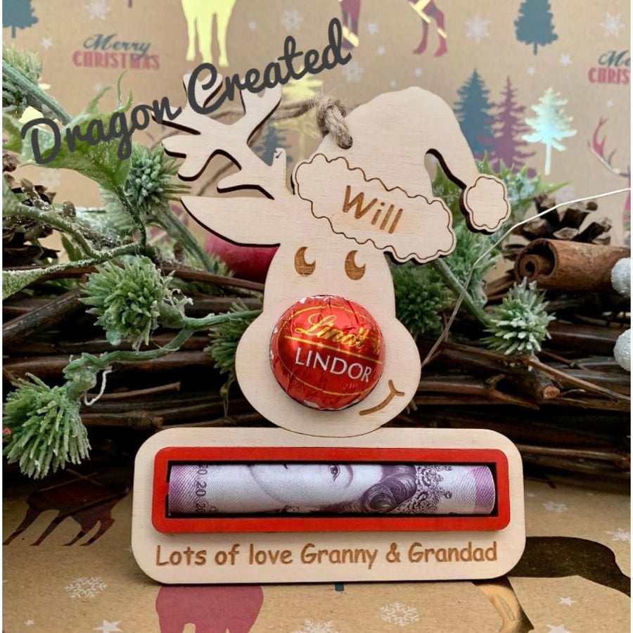Reindeer Christmas Money Cash Chocolate Gift, Tree Decoration, Place Setting