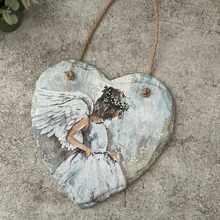 Slate Heart Hanging Decoration: Decoupage Angel, Memorial Gift, Christmas