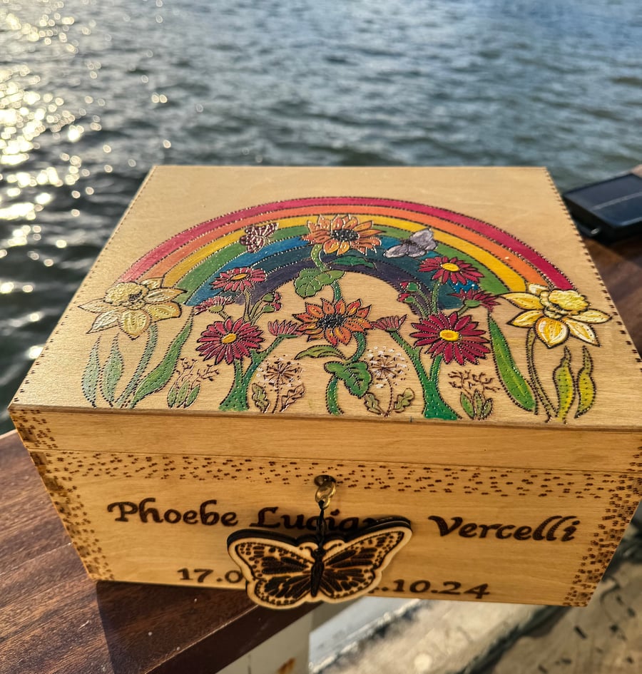 Painted wooden box, Rainbow, floral design, lockable, can be personalised 