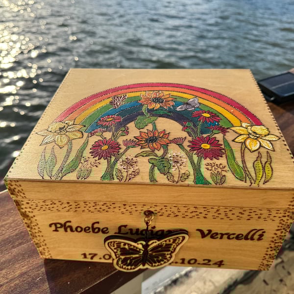 Painted wooden box, Rainbow, floral design, lockable, can be personalised 
