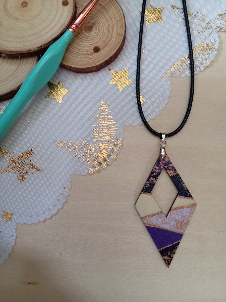 Purple wooden diamond hand painted necklace 