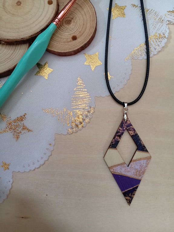 Purple wooden diamond hand painted necklace 