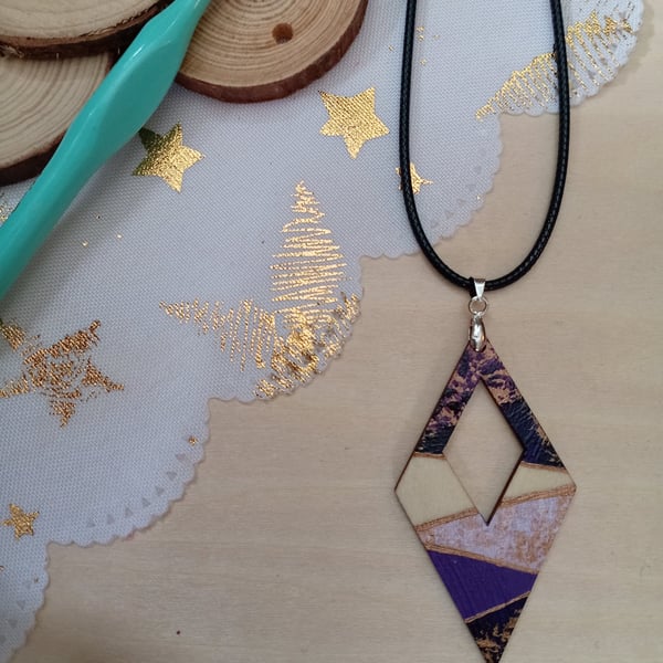 Purple wooden diamond hand painted necklace 