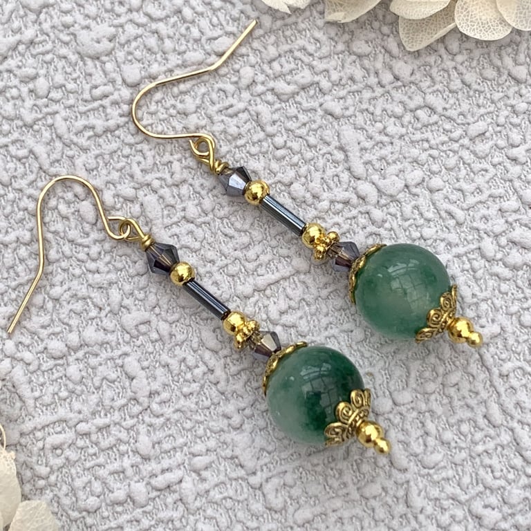 Green Chalcedony Gemstone and Gold Vintage Style Drop Earrings