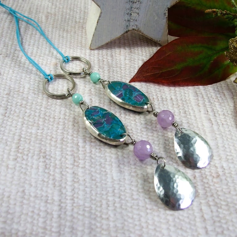 Hanging Decorations,  Stainless Steel, Marbled Clay, Aluminium and Gemstones