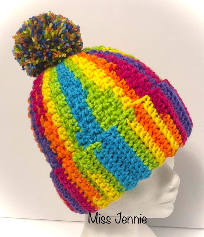 Crochet Ladies Slouch Hat, Slouch Beanie Hat, Pom Pom Hat, Multi coloured hat