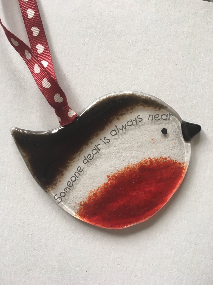  "Someone Dear" Fused Glass Hanging Robin 