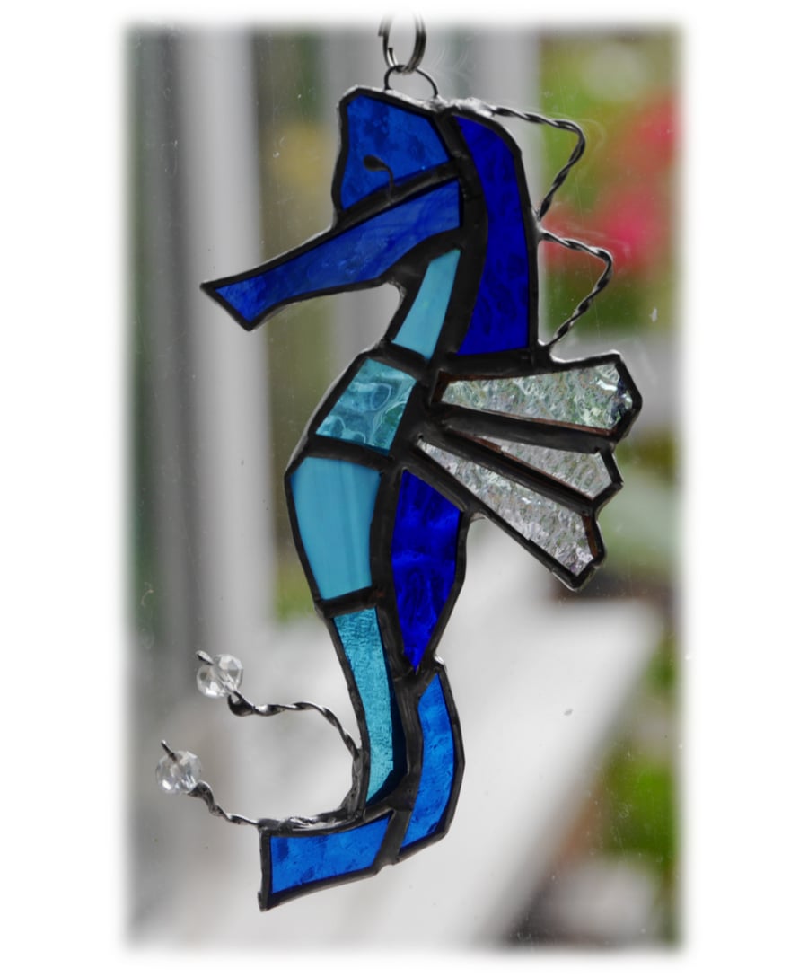 Seahorse Stained Glass Suncatcher Blue Aqua Handmade 024