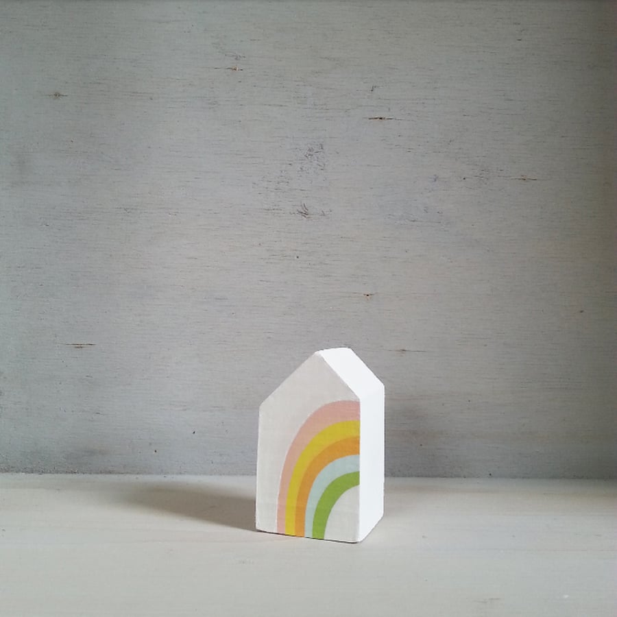 Miniature Wooden House, Rainbow House, Little House Ornament, Housewarming Gift