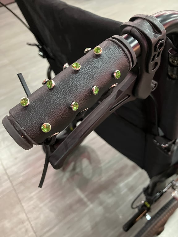 Black Leather Wheelchair Handle Decorations with Green Gemstones