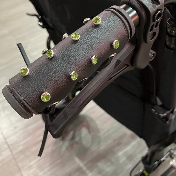 Black Leather Wheelchair Handle Decorations with Green Gemstones
