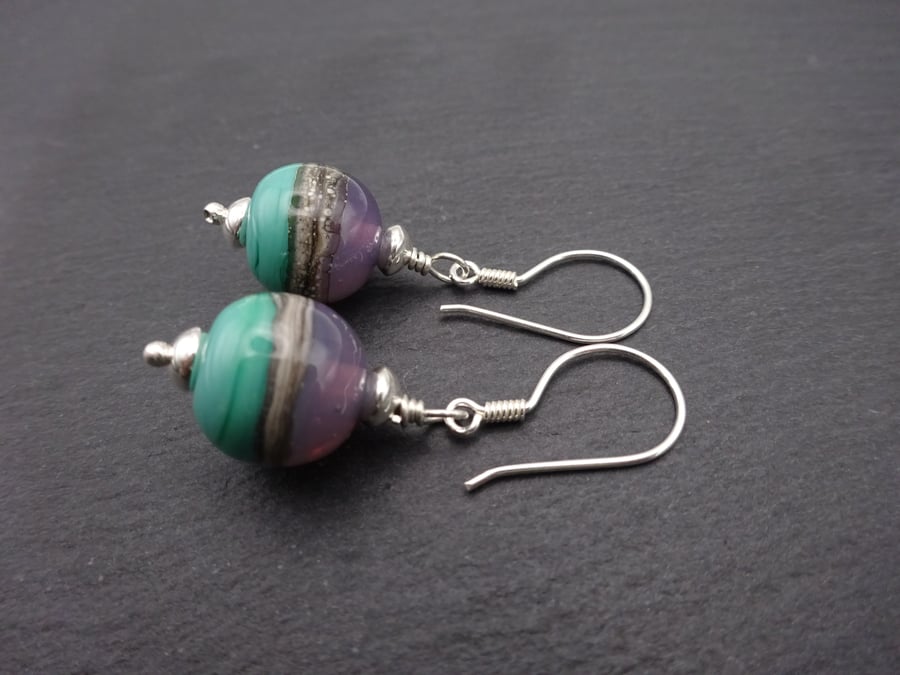 lampwork glass earrings, sterling silver jewellery, purple and green