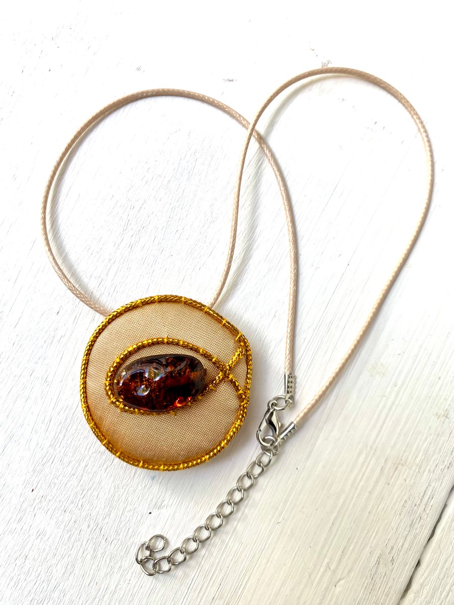 Fabric and vintage bead, floating textile pendant 