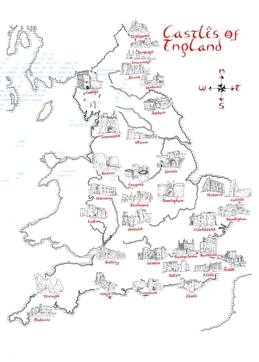 Map of the Castles of England Hand Drawn Tolkien Style Map Artwork