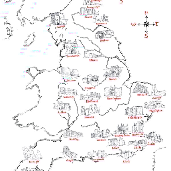 Map of the Castles of England Hand Drawn Tolkien Style Map Artwork