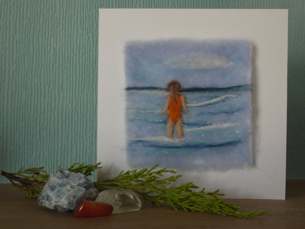 Handmade needle felted Sea Swimming greetings card