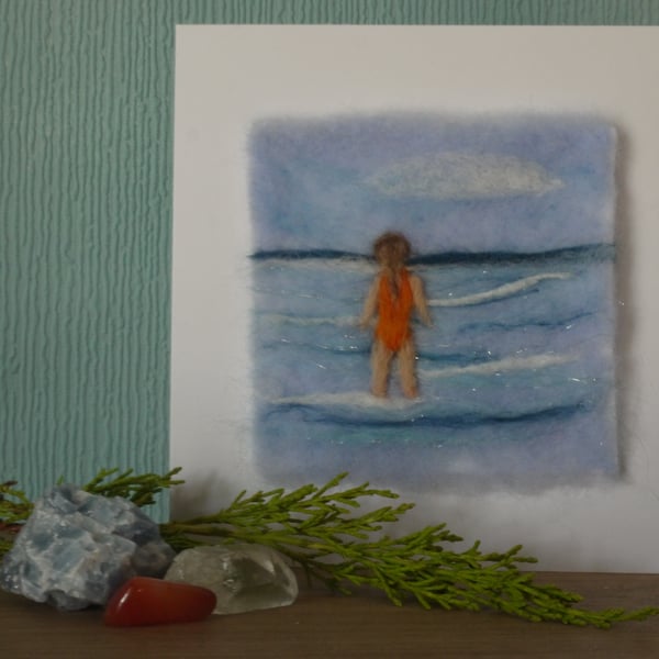 Handmade needle felted Sea Swimming greetings card