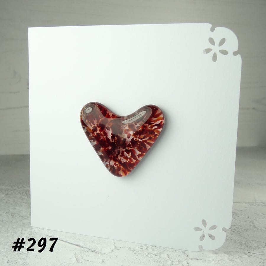 Handcrafted red speckled heart fused glass blank card (297)