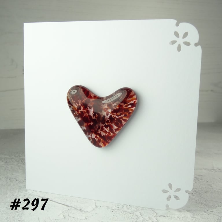 Handcrafted red speckled heart fused glass blank card (297)
