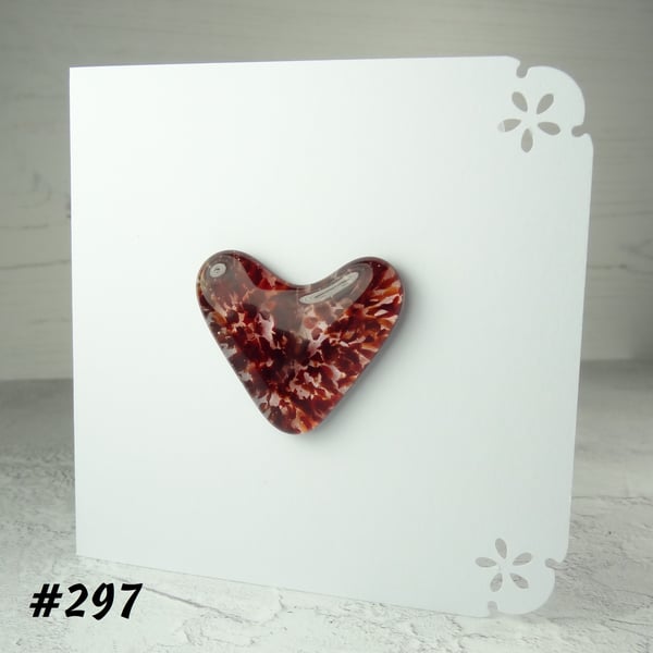 Handcrafted red speckled heart fused glass blank card (297)